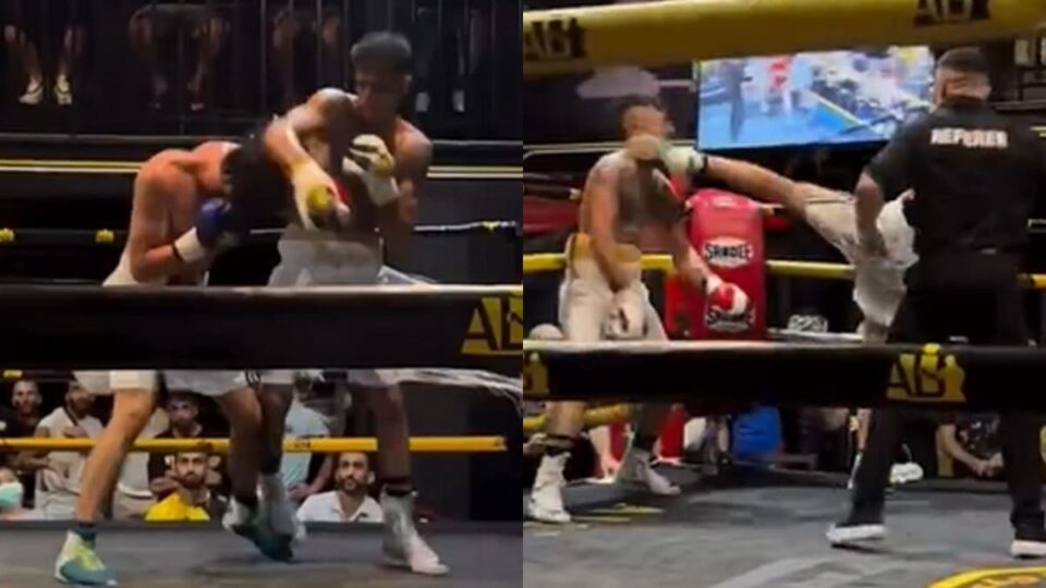 Un boxeur inflige un KO avec un high-kick lors d'un combat de boxe à Phuket, en Thaïlande